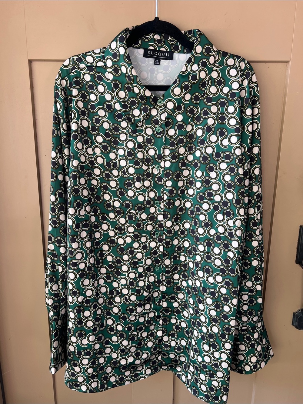 Eloquii 28 Forest Green Satin Retro Circle Print Blouse MCM Long Sleeve